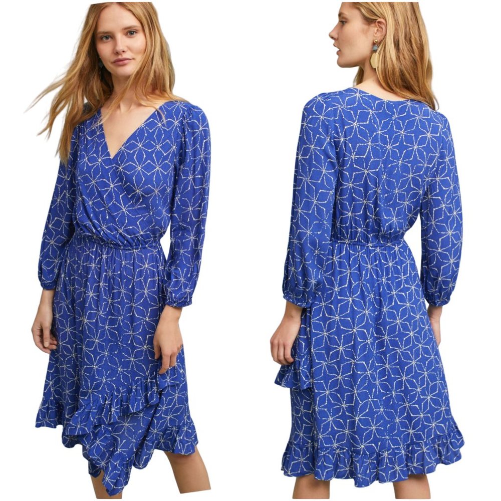 Anthropologie Blue Floral Wrap-Style Long Sleeve Dress